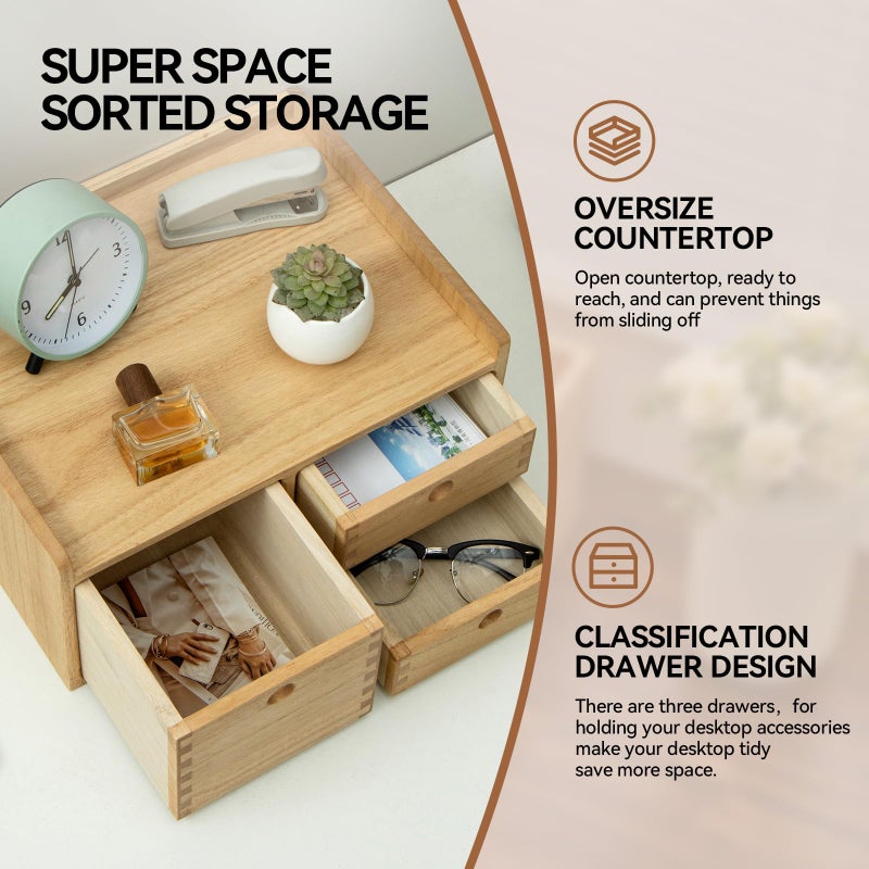 KIRIGEN Desk Organizer with 3 Drawers - Wood Drawer Storage Box with Trays for Tabletop - Workspace Office Toiletries Supplies Tool Caddy - Wooden Storage Cabinet Natural(DT1D3C-NA) - Image 2